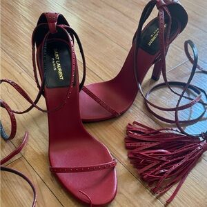 Saint Laurent Red Studded Leather Lace-Up Heels